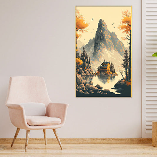 A Breathtaking Canvas Artwork Depicting a House in the Majestic Mountains